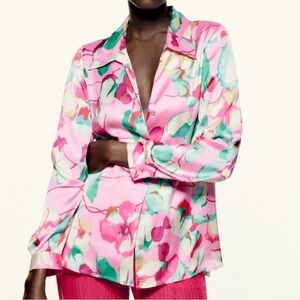 ZARA Floral Satin Blouse – Vibrant Pink & Green Watercolor Print XL ASO TV